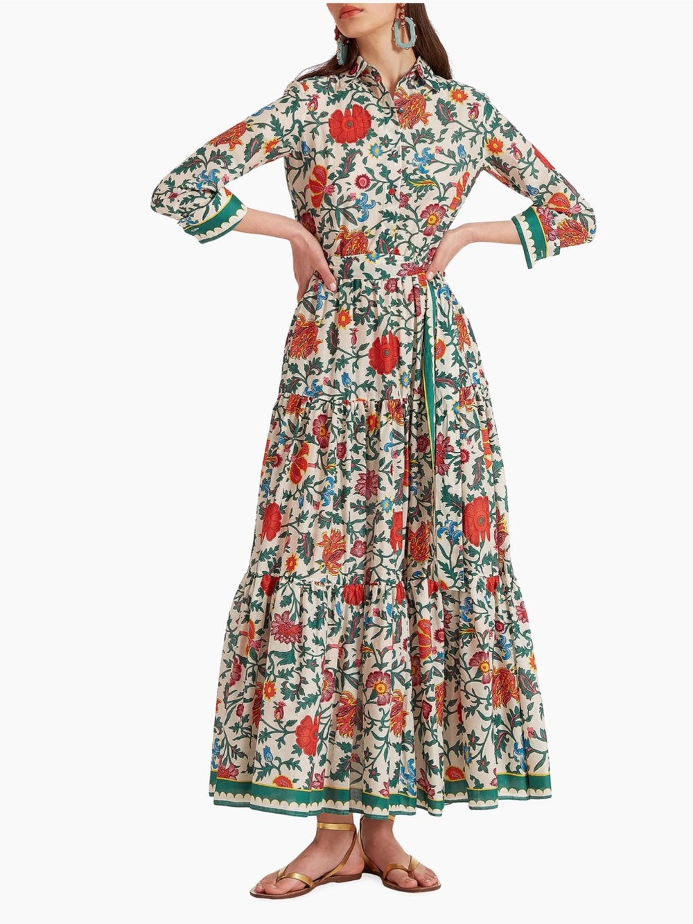 LA DoubleJ Cream Maxi Shirt Dress with Red Floral and Green Trim